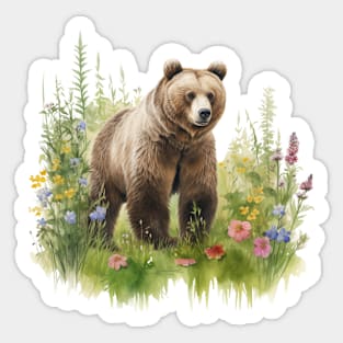 Watercolor picture of a brown bear and beautiful colored flowers. Sticker